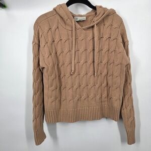 Anthropologie Ellyn Cable-Knit Sweater M Honey Beige Cropped Hooded Casual